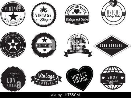 SET OF BLACK AND WHITE GRAPHIC DESIGN LOGO IDEAS for a vintage or retro shop or store Stock Vector