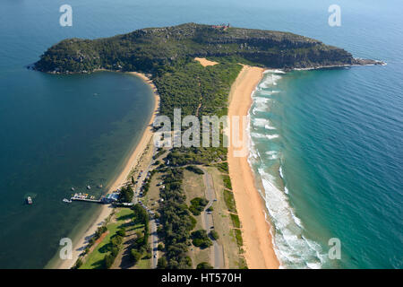 AERIAL VIEW. Sydney's most northerly point, Pittwater on the left. Barrenjoey Headlands, Palm Beach, Sydney, New South Wales, Australia. Stock Photo