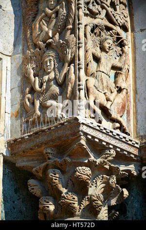 13th century Medieval Romanesque Sculptures from the facade of St Mark's Basilica, Venice, depicting 'Lust' and Samson killing the lion cubs. Stock Photo