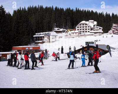 A skiing lesson on the slopes at Pamporovo , Bulgaria Stock Photo