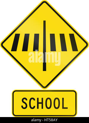 Road sign assembly in New Zealand - Zebra crossing at school. Stock Photo