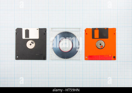 vintage background - computer floppy disks and mini-CD on the blueprint paper, toned Stock Photo