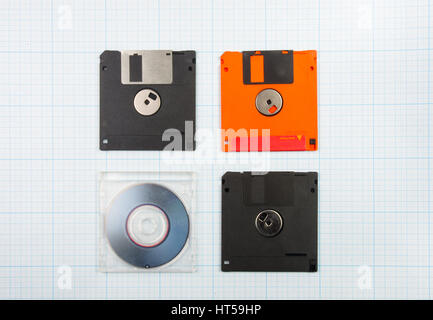 vintage background - computer floppy disks and mini-CD on the blueprint paper, toned Stock Photo