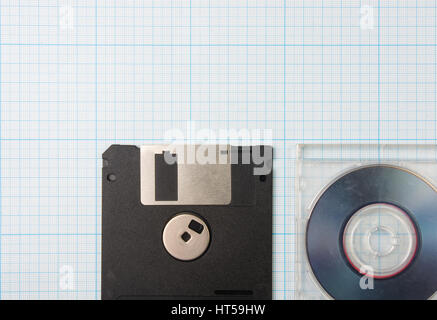 vintage background - computer floppy disks and mini-CD on the blueprint paper, toned Stock Photo