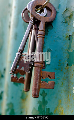 bunch of old rusty keys on green background Stock Photo