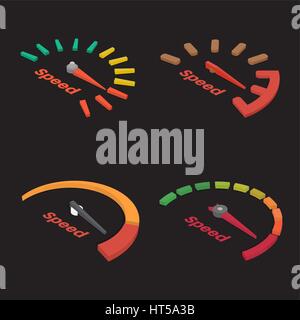 Set of four isometric speedometer scale. Concept of speed and acceleration. Vector element of graphic design Stock Vector