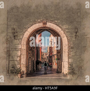 City gate in Taormina, Sicily, Italy, Europe. Modern Painting. Brushed artwork based on photo. Background texture. Stock Photo