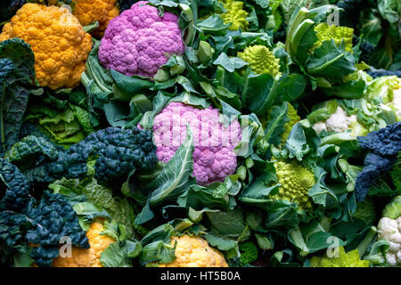 Purple cauliflower, orange cauliflower and Roman cauliflower on display at borough market in London Stock Photo