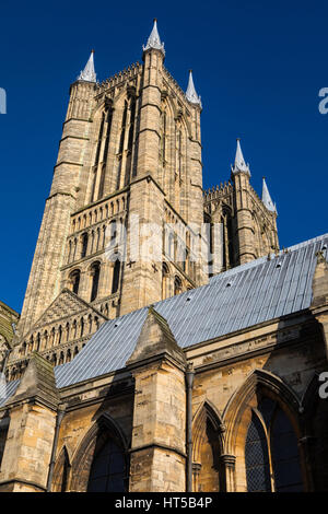 A view of the western towers of Lincoln Cathedral in the historic city of Lincoln, UK. Stock Photo