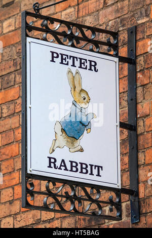 STRATFORD-UPON-AVON, UK - MARCH 2ND 2017: A Peter Rabbit sign above a shop in the historic town of Stratford-Upon-Avon, in the UK, on 2nd March 2017. Stock Photo