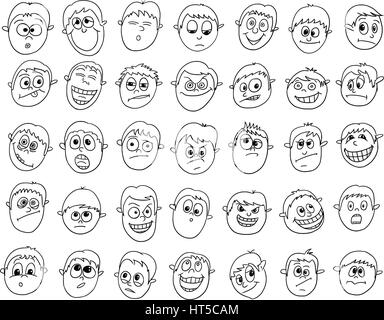 Set of vector hand drawn male or boy faces with different facial expression Stock Vector