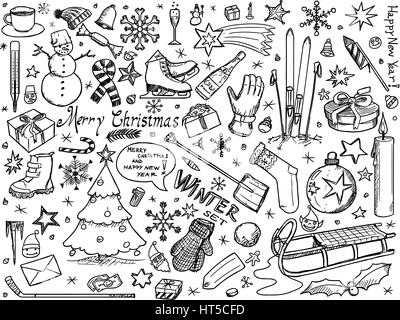 Set of vector icons drawings doodles - winter, Christmas, New Year theme Stock Vector