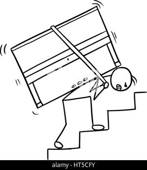 Cartoon vector doodle stickman carrying a piano up the stairs Stock Vector