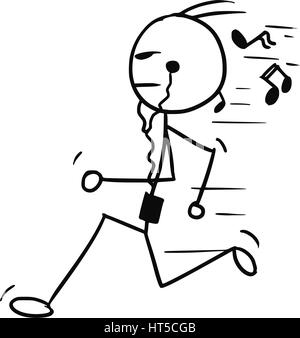 Cartoon vector doodle stickman running with music player and earphones Stock Vector