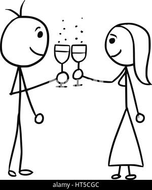Cartoon vector doodle stickman man and woman touch glasses of wine Stock Vector