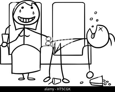 Cartoon vector doodle stickman couple on date in cinema, girl happy,boy sleeping bored Stock Vector