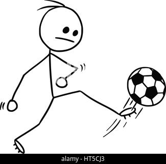 Cartoon vector stickman soccer football player kicking the ball, shot on goal or pass Stock Vector