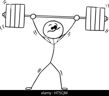 Cartoon vector stickman shaking weightlifter with heavy barbell above his head Stock Vector
