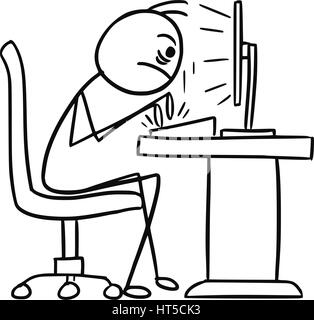 Cartoon vector doodle stickman sitting in front of the computer and writing fast and aggressively on the keyboard Stock Vector