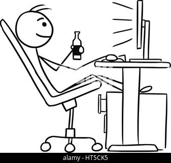 Cartoon vector doodle stickman sitting in work in front of computer screen legs up and enjoying the beer Stock Vector