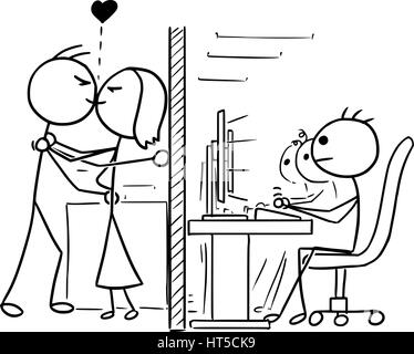 Cartoon vector doodle stickman man and woman couple in love kissing at office, job, work hidden from co-workers Stock Vector