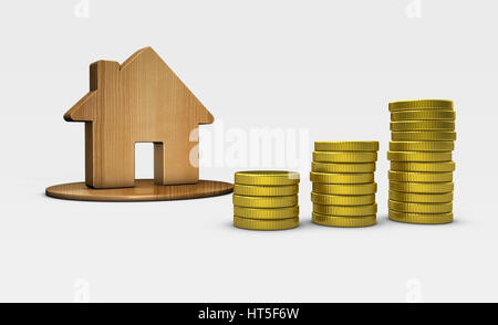 House icon and stacks of growing golden coins property value and investment concept 3D illustration. Stock Photo