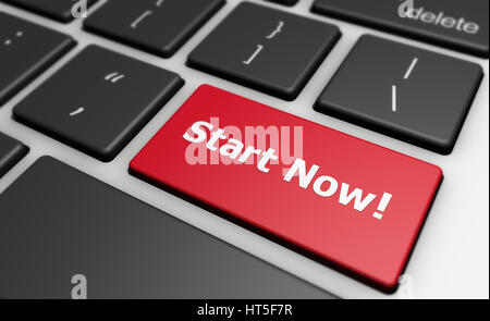 Start now sign and word on a computer keyboard button 3D illustration. Stock Photo