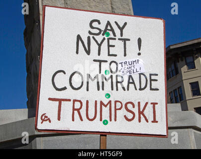 Asheville, North Carolina, USA - February 25, 2017:  Close up of a sign with a Russian hammer and sickle symbol saying 'Say Nyet to Commrade Trumpski' Stock Photo