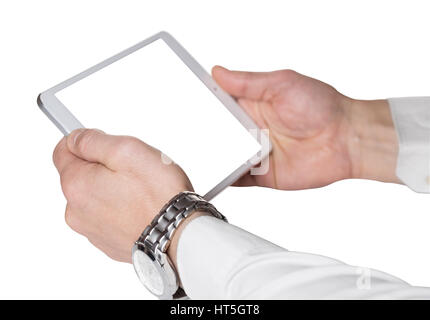 Male hands with tablet computer isolated on white background Stock Photo