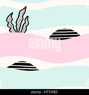 Seamless abstract repeating pattern with black geometric shapes, hand drawn elements and waves in pastel colors on white background. Stock Vector