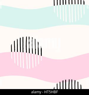 Seamless abstract repeating pattern with black geometric shapes, hand drawn elements and waves in pastel colors on white background. Stock Vector