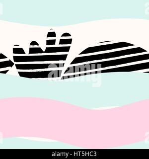 Seamless abstract repeating pattern with black geometric shapes, hand drawn elements and waves in pastel colors on white background. Stock Vector