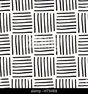 Hand painted thin brush strokes basket weave texture. Seamless abstract monochrome repeating background. Stock Vector