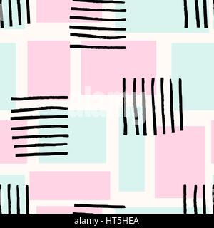 Seamless abstract repeating pattern with geometric shapes in pastel pink and blue and hand drawn striped texture in black. Stock Vector