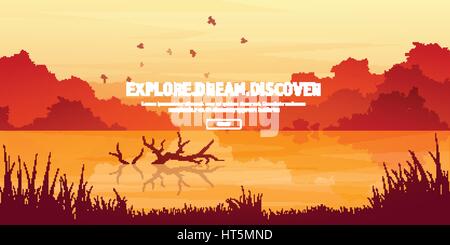 Mountains with forest and lake, river. Trees. Horizon line. Vector landscape.Panorama. Travel and adventure.Nature.Wood. Wildlife. Pine tree. Stock Vector