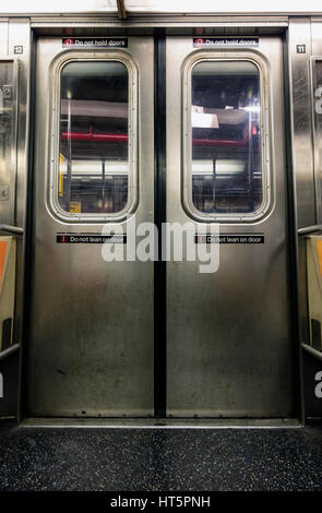 Subway car doors from New York City from the inside of the car Stock Photo
