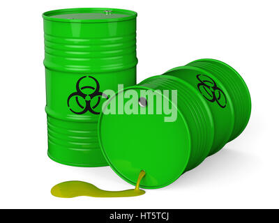 Spilled green barrels with toxic waste isolated on white background 3D rendering Stock Photo