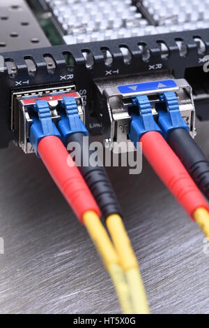 Internet Of Things Optical Fiber Patch Cord with Gbic Closeup, Information Technology Stock Photo