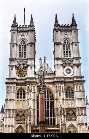 Front Facade Westminster Abbey Church London England.  Westminister Abbey has been the burial place of Britain's monarchs since the 11th century and i Stock Photo