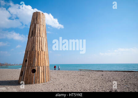 A beach sculpture entitled the Beacon representing a traditional lightouse part of the 2017 warming stations art competition in Toronto Ontario Canada Stock Photo