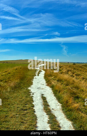 A portrait view of a winding Chalk path leading to the horizon, uk Stock Photo