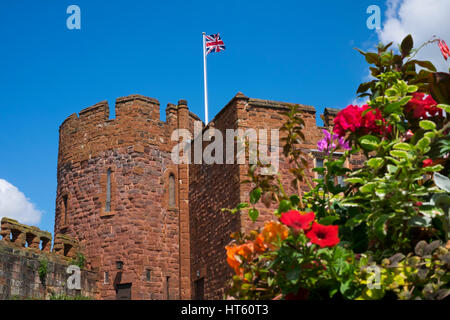 Union flag flying over Shrewsbury Castle, Shropshire. Stock Photo