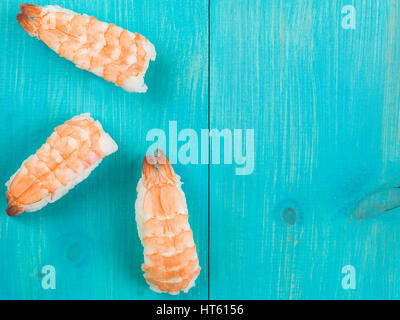 Three Pieces of King Prawn Japanese Style Sushi With Rice Stock Photo