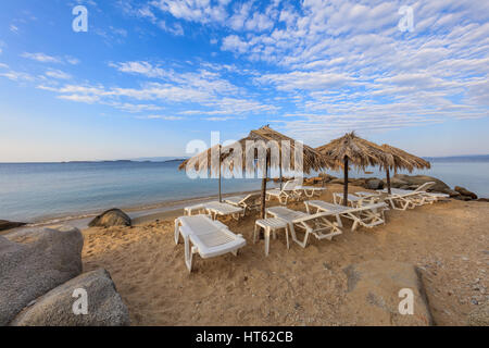 sunrise on the beach near Ouranoupolis city. Halkidiki, Greece Stock Photo