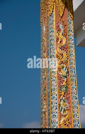 Bhutan, Thimphu. National Memorial Chorten, memorial to the Third King of Bhutan, Jigme Dorji Wangchuck. Architectural detail of carved beams. Stock Photo