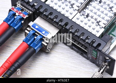 Internet Of Things Optical Fiber Patch Cord with Gbic Closeup, Information Technology Stock Photo