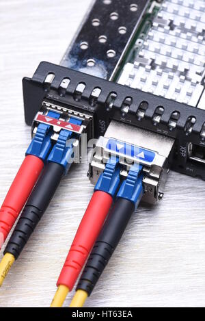 Internet Of Things Optical Fiber Patch Cord with Gbic Closeup, Information Technology Stock Photo