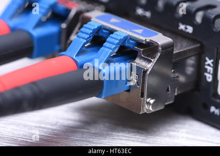 Internet Of Things Optical Fiber Patch Cord with Gbic Closeup, Information Technology Stock Photo