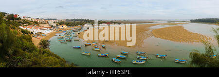 Panoramic view over the lagoon with fisher boats at Moulay Bousselham, Morocco, Africa. Stock Photo