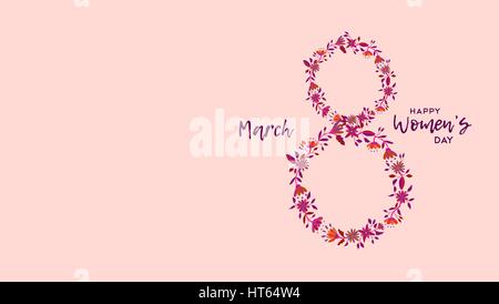 Happy International Women's Day on March 8th card template. Pink flower wreath illustration with celebration quote. EPS10 vector. Stock Vector